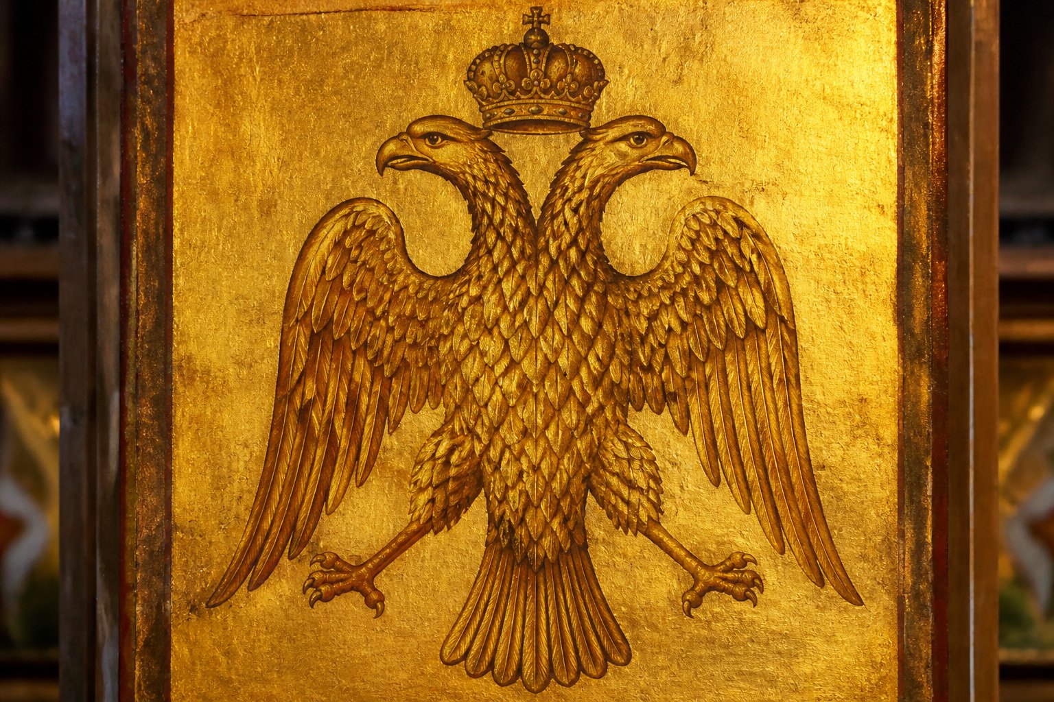 Icoană bizantină cu vulturul bicefal, simbolul Bisericii Ortodoxe și al Imperiului Bizantin.