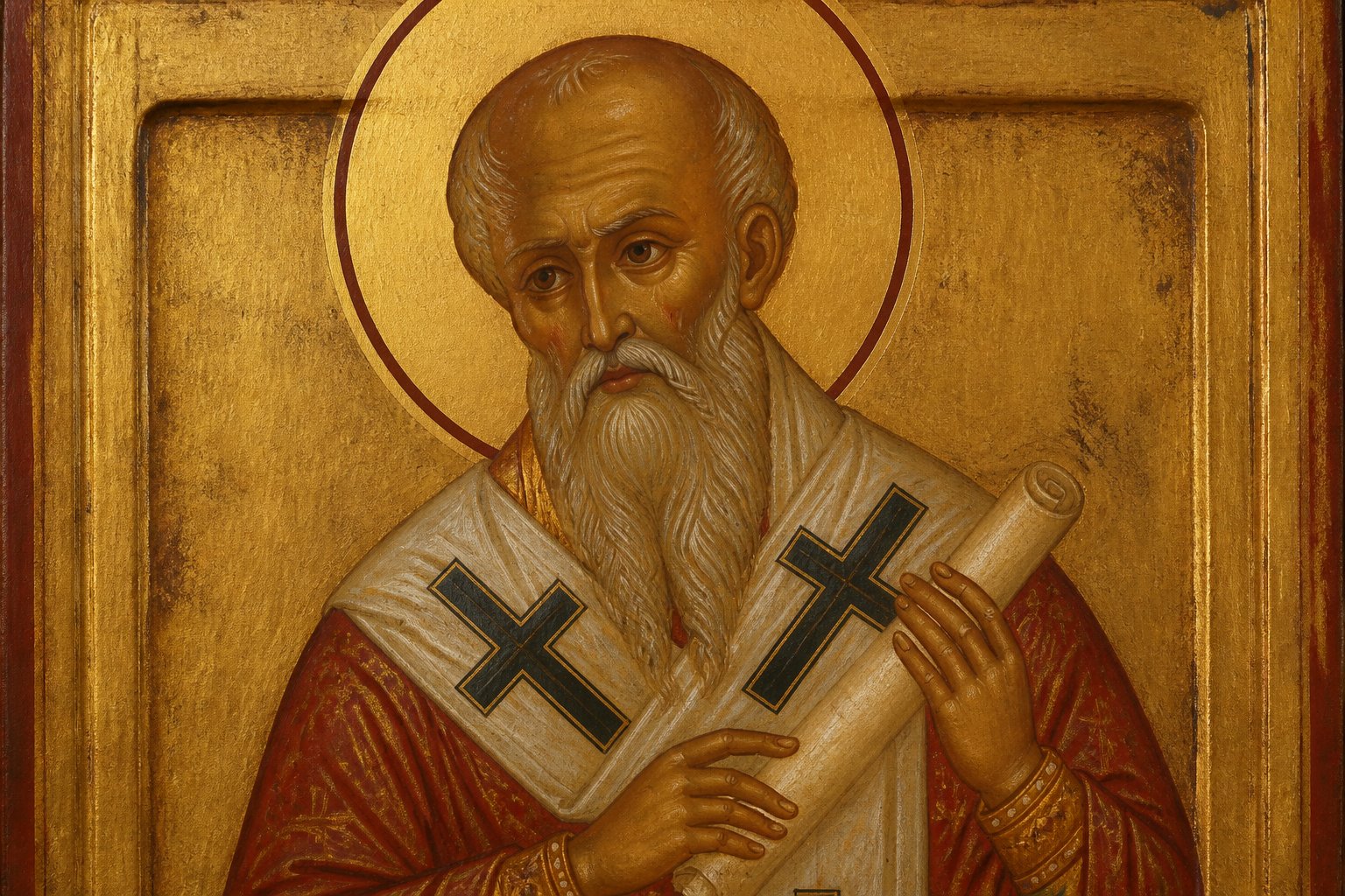Icoană ortodoxă bizantină a Sfântului Ignatie al Antiohiei, episcop bătrân cu barbă albă.