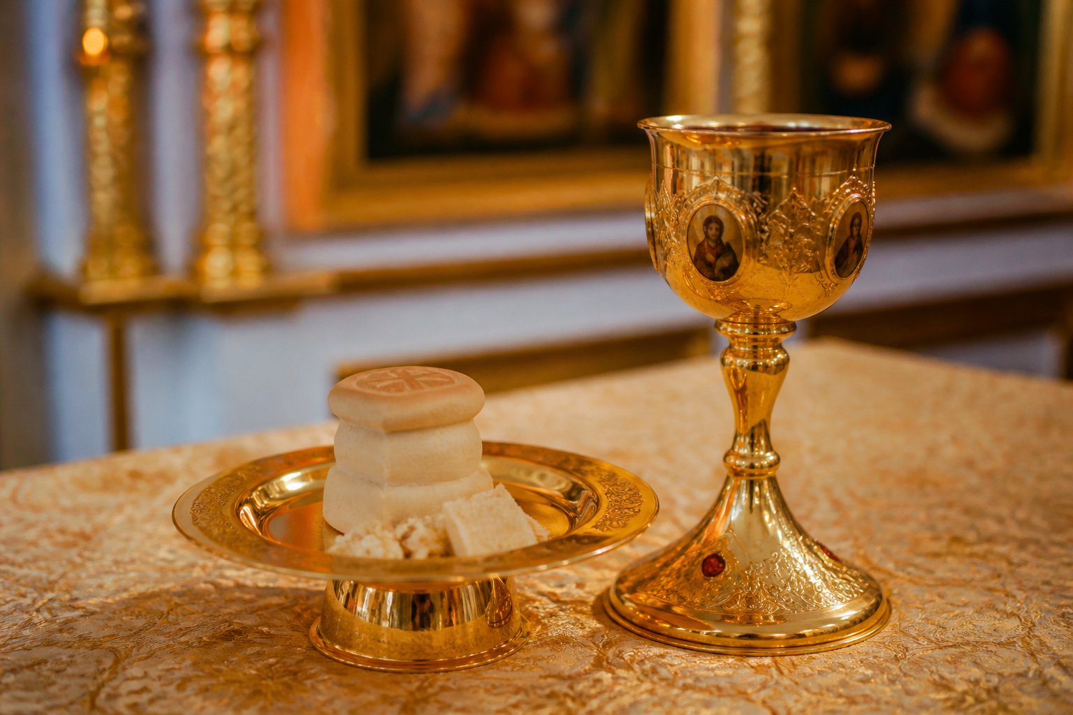 Chalice și patenă cu prosforă și vin, pregătite pentru Sfânta Liturghie.