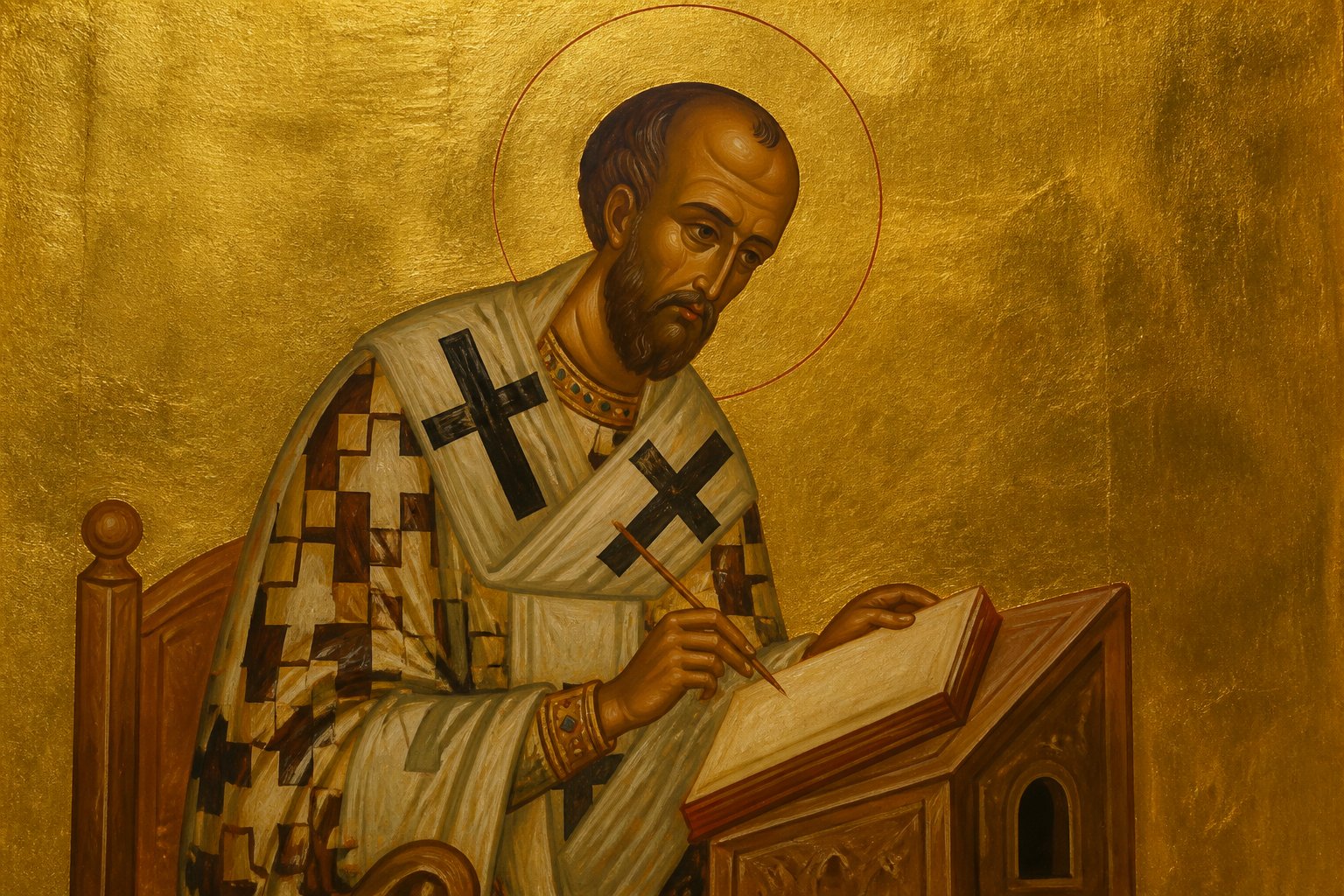 Icoană bizantină a Sfântului Ioan Gură de Aur scriind un liturghier, pe fond auriu.