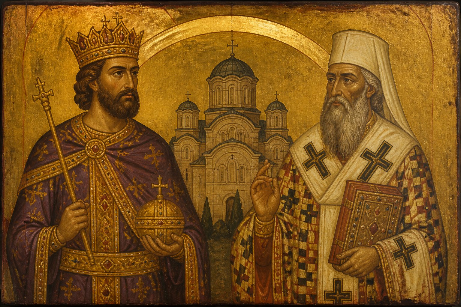 Icoană bizantină reprezentând simfonia dintre împărat și patriarh, simbolizând relația Biserică-Stat.