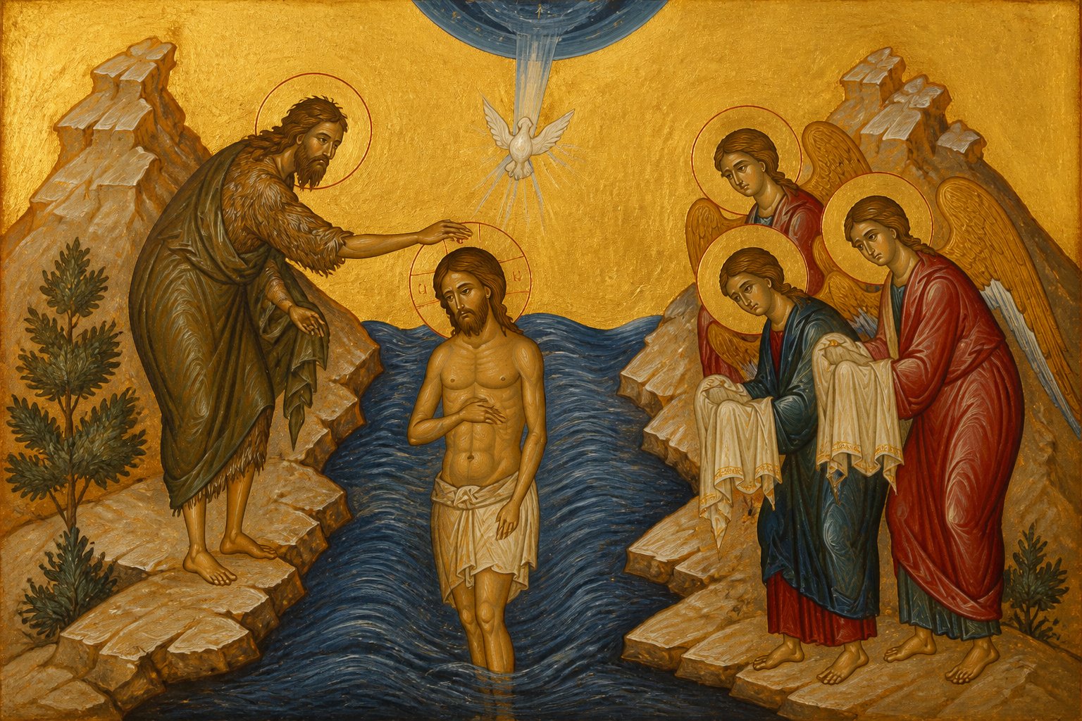 Icoana bizantina a Botezului Domnului: Hristos in Iordan, Sfantul Ioan si ingerii.