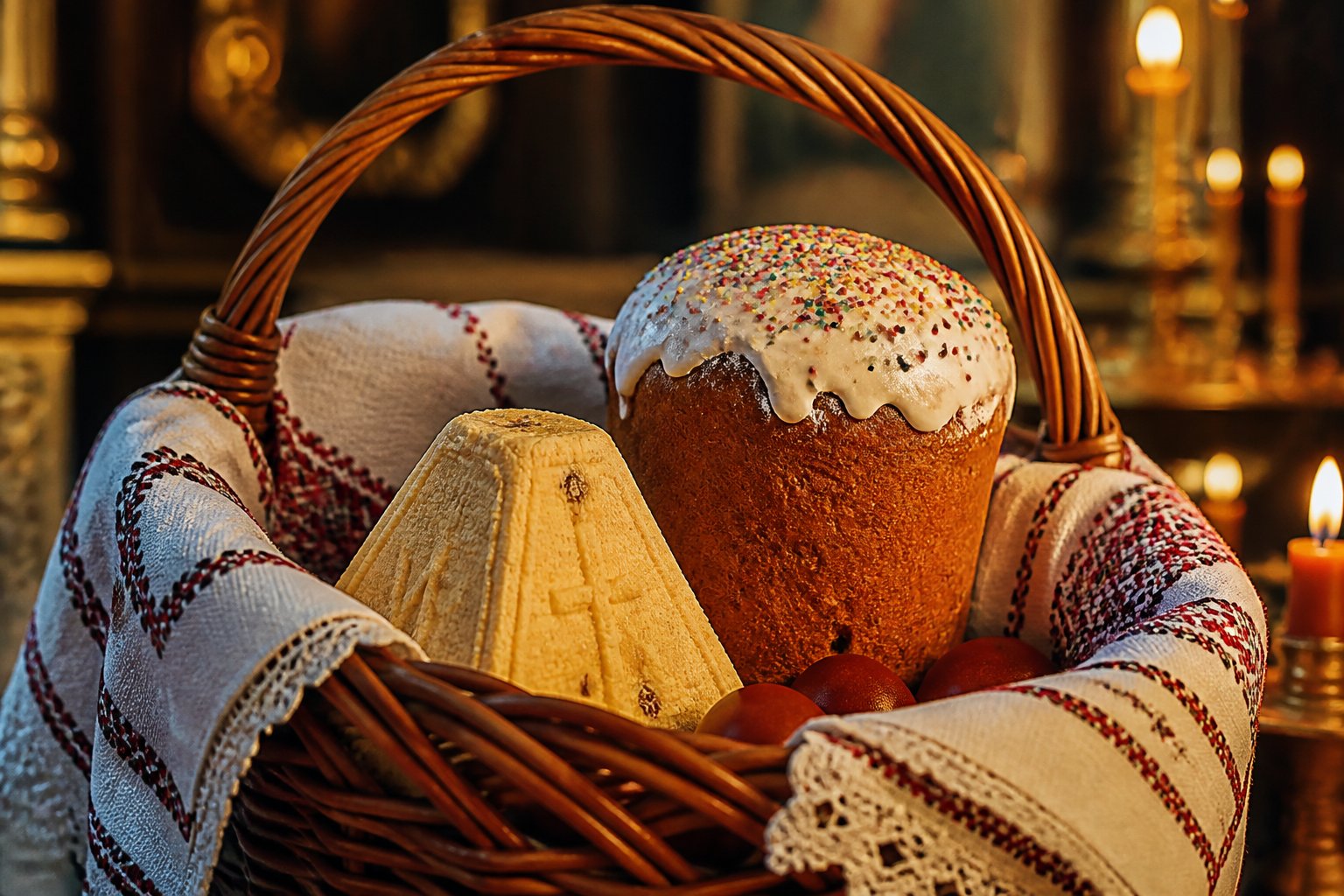 Coș tradițional rusesc de Paște cu pâine Kulich și desert Paska, sfințit.
