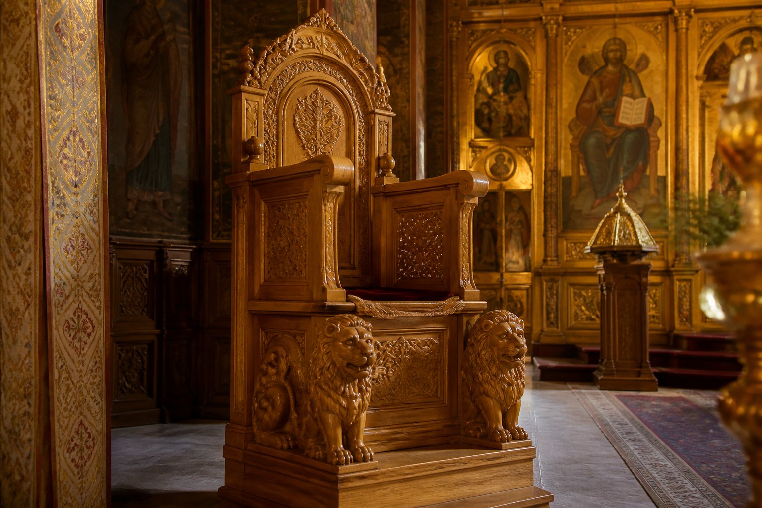 Scaun arhieresc vechi din lemn sculptat cu doi lei la bază, într-o biserică ortodoxă.