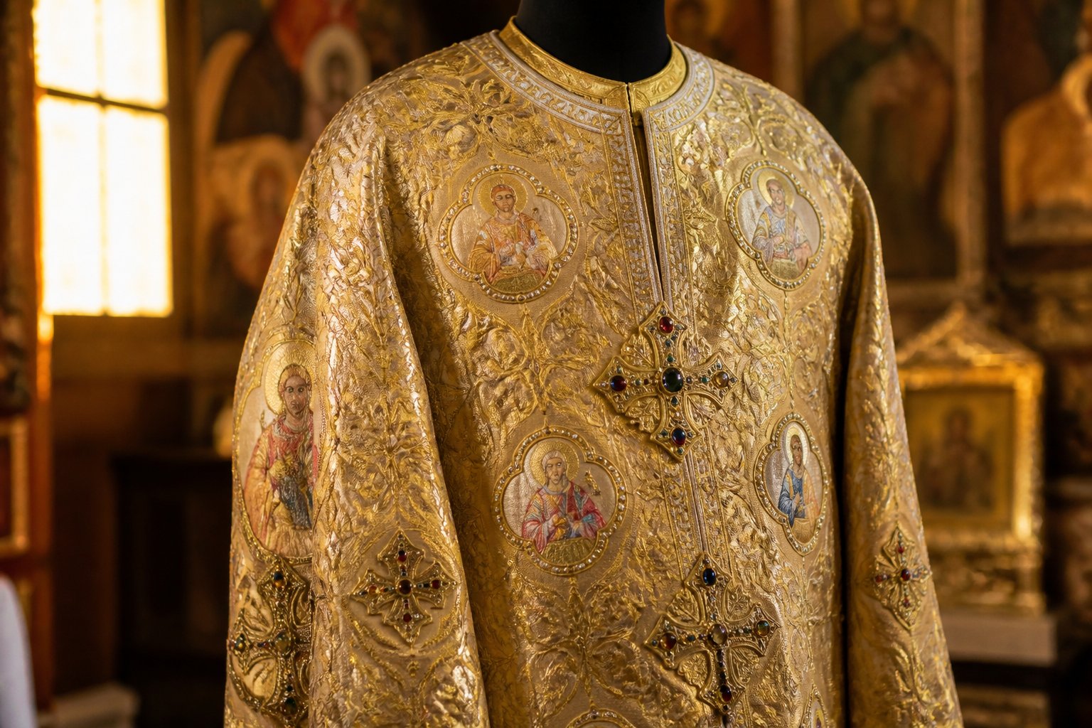 Un sacos episcopal ortodox, bogat brodat, expus, simbol al autorității spirituale.