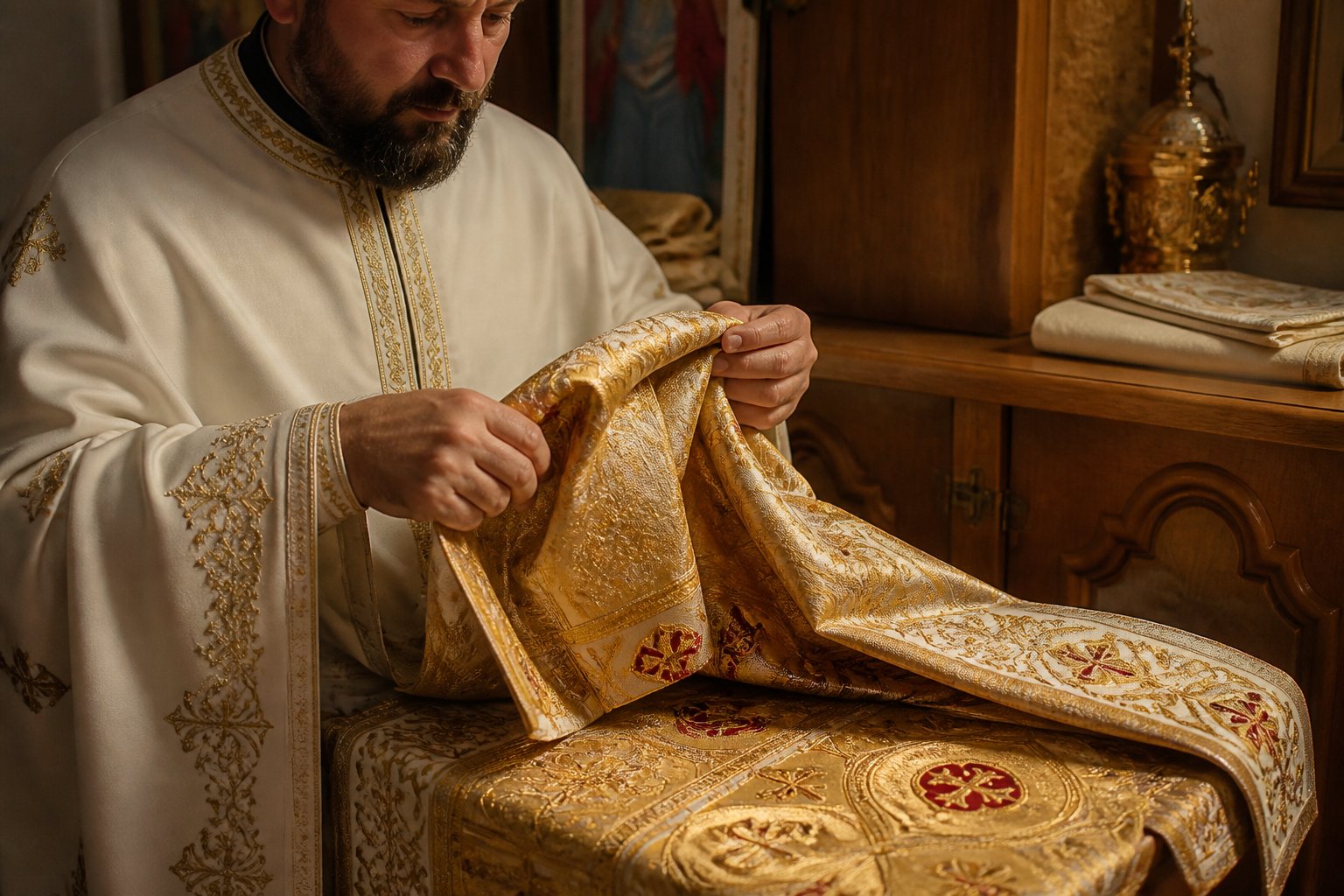 Un preot manevrează cu grijă veșminte liturgice ortodoxe bogat brodate, pline de detalii.
